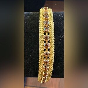 Vintage Yellow Gold Plated Mesh Bracelet, 42 Brown Topaz Stones EUC Size 7”
